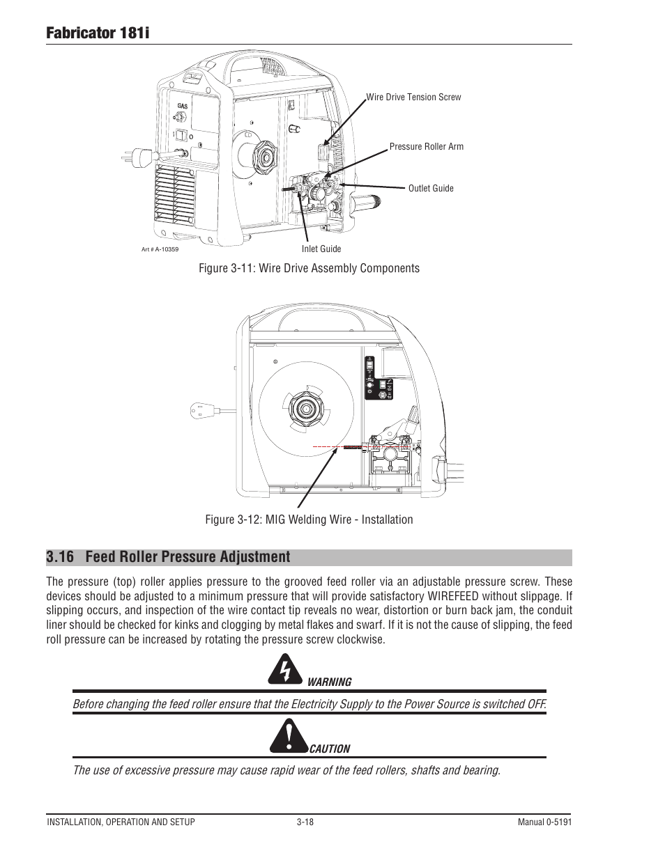 16 feed roller pressure adjustment, Feed roller pressure adjustment -18, Fabricator 181i | Tweco 181i Thermal Arc Fabricator User Manual | Page 48 / 96