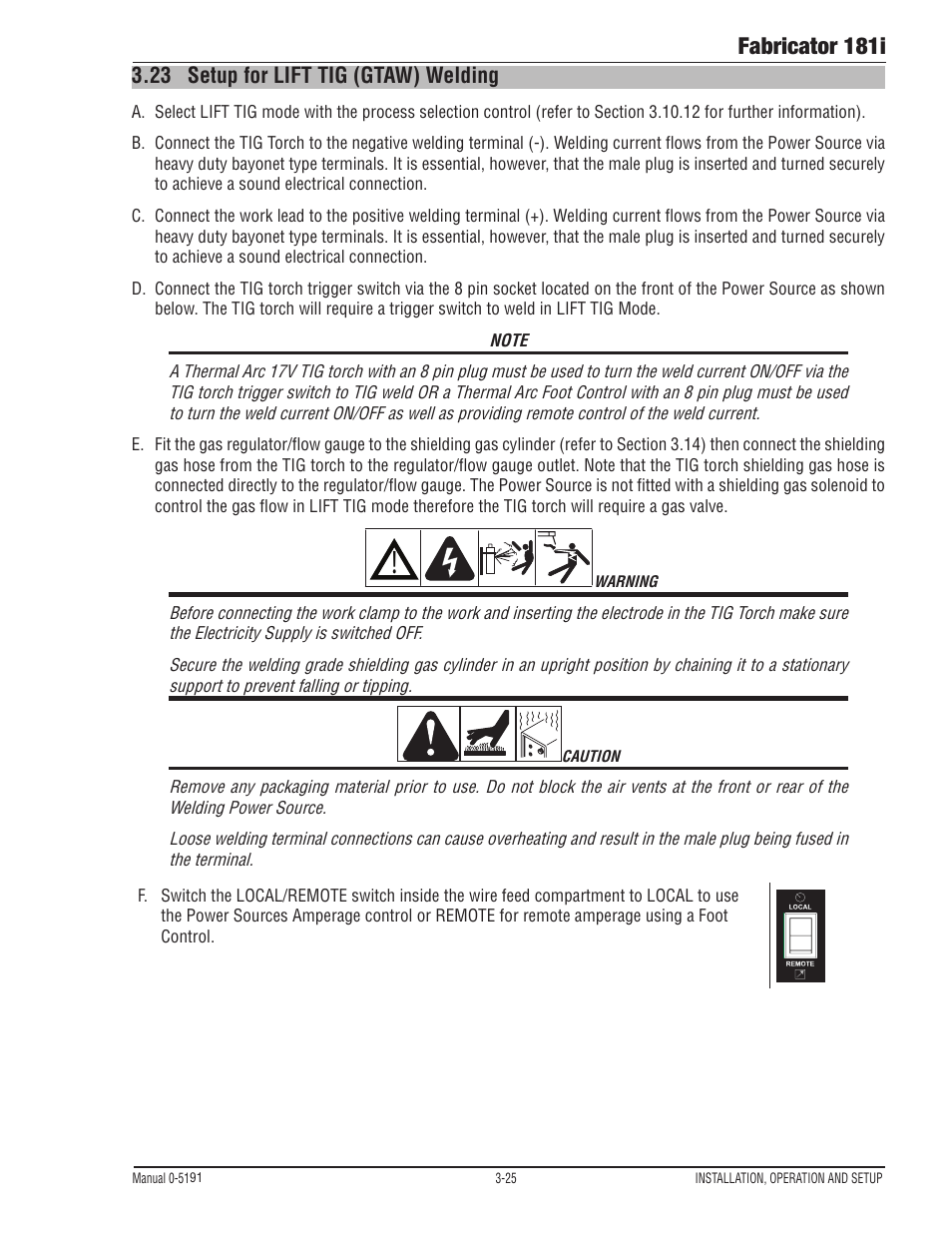 23 setup for lift tig (gtaw) welding, Setup for lift tig (gtaw) welding -25, Fabricator 181i | Tweco 181i Thermal Arc Fabricator User Manual | Page 55 / 96