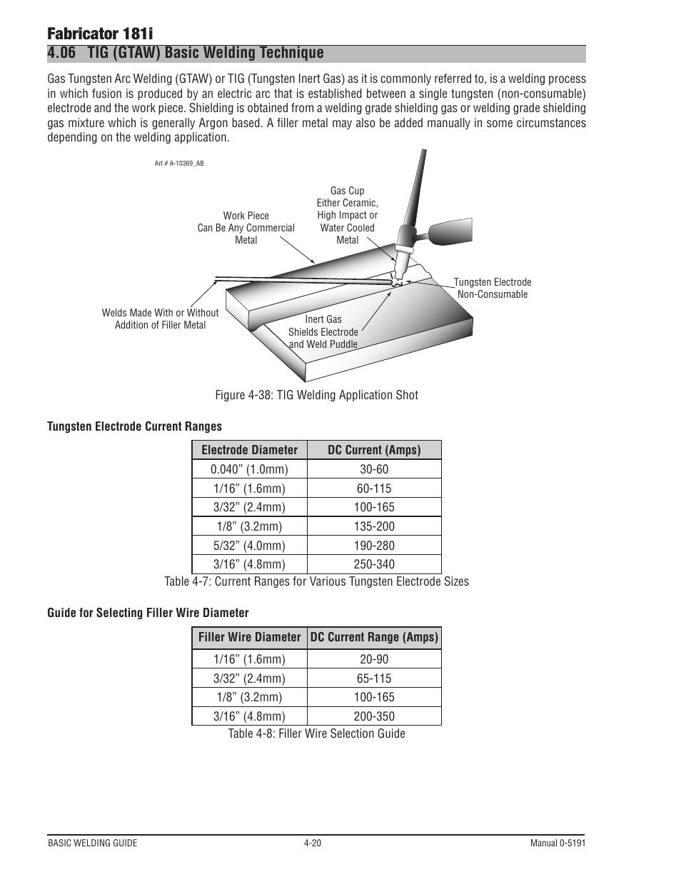 06 tig (gtaw) basic welding technique, Tig (gtaw) basic welding technique -20, Fabricator 181i | Tweco 181i Thermal Arc Fabricator User Manual | Page 78 / 96