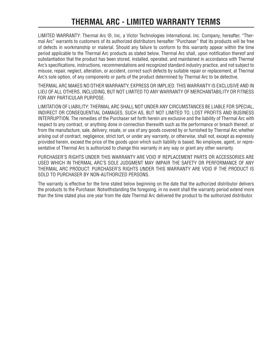 Thermal arc - limited warranty terms | Tweco 181i Thermal Arc Fabricator User Manual | Page 94 / 96