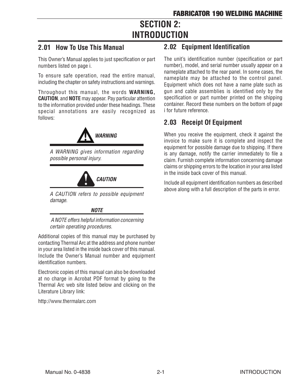 Section 2: introduction, 01 how to use this manual, 02 equipment identification | 03 receipt of equipment, Section 2, Introduction -1, Fabricator 190 welding machine | Tweco 190 MIG Thermal Arc Fabricator User Manual | Page 17 / 64