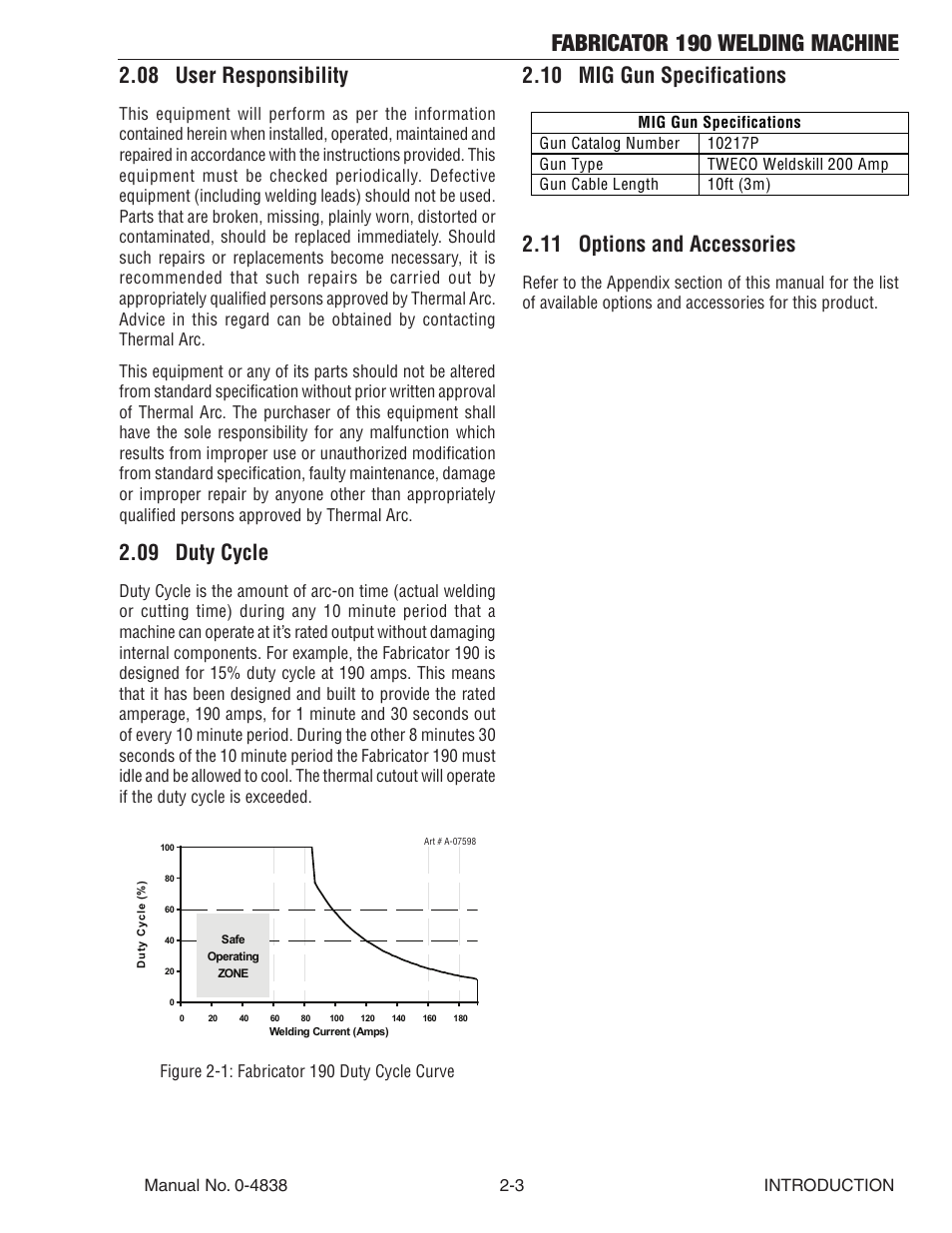 08 user responsibility, 09 duty cycle, 10 mig gun specifications | 11 options and accessories, Fabricator 190 welding machine | Tweco 190 MIG Thermal Arc Fabricator User Manual | Page 19 / 64