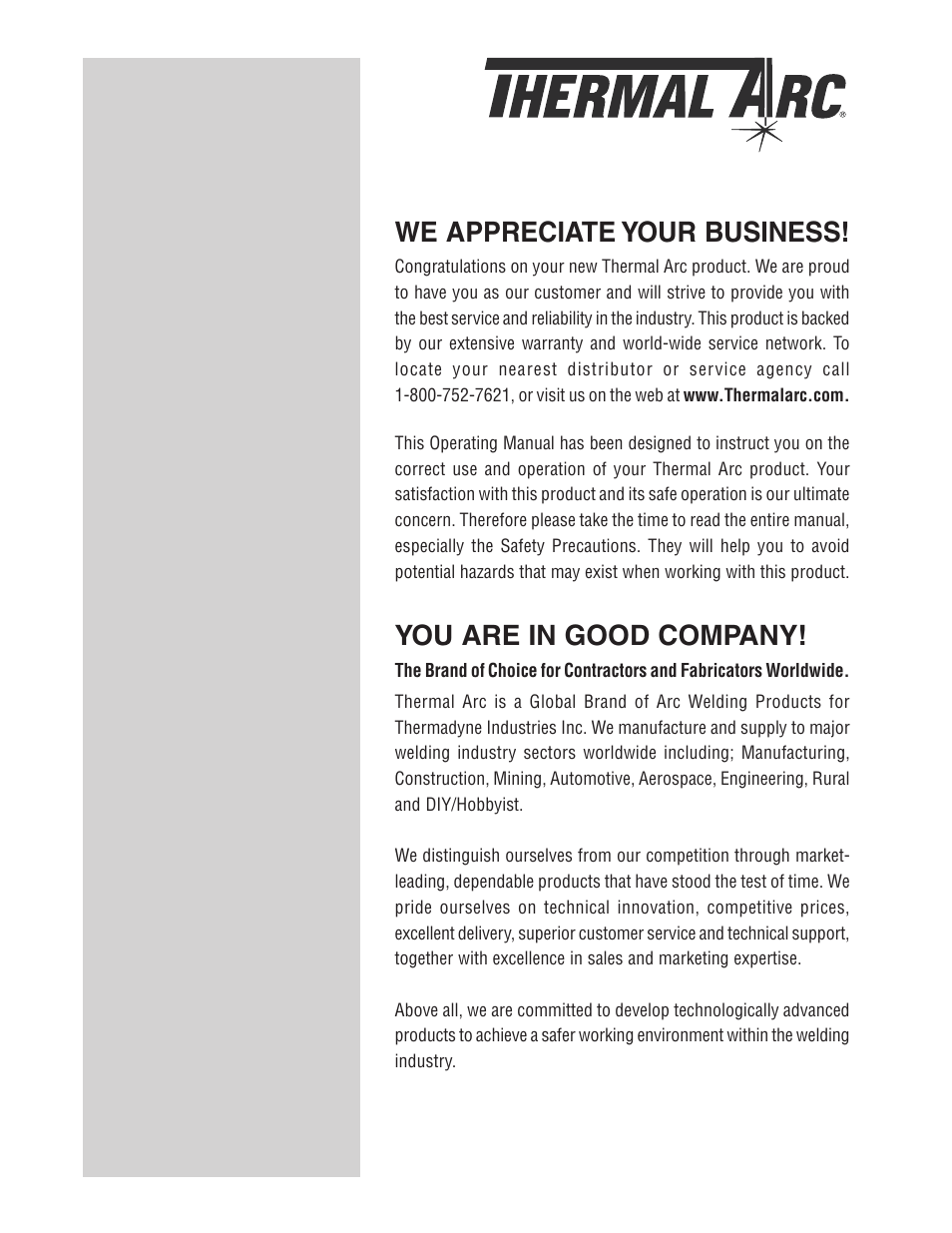 We appreciate your business, You are in good company | Tweco 190 MIG Thermal Arc Fabricator User Manual | Page 2 / 64