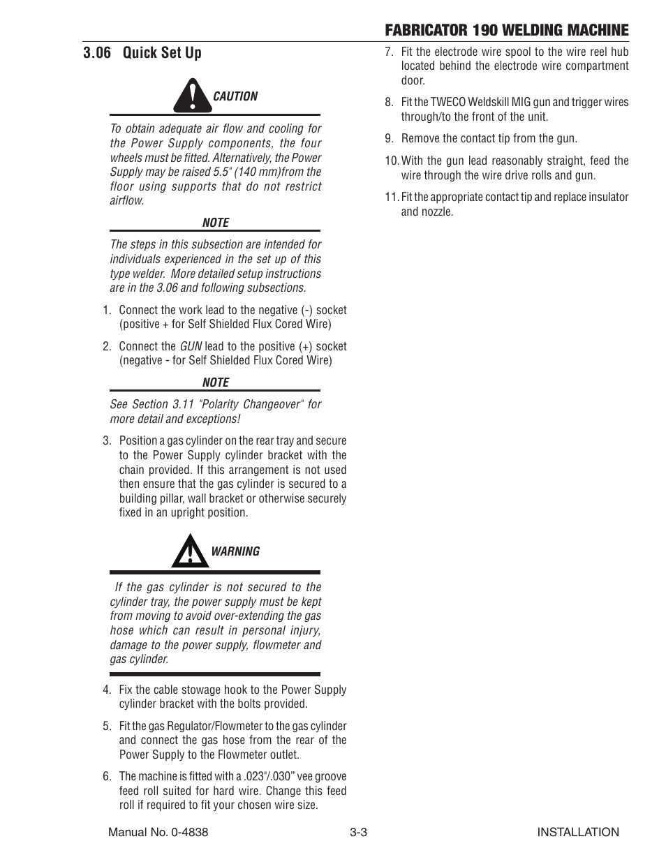 06 quick set up, 06 quick set up -3, Fabricator 190 welding machine | Tweco 190 MIG Thermal Arc Fabricator User Manual | Page 25 / 64