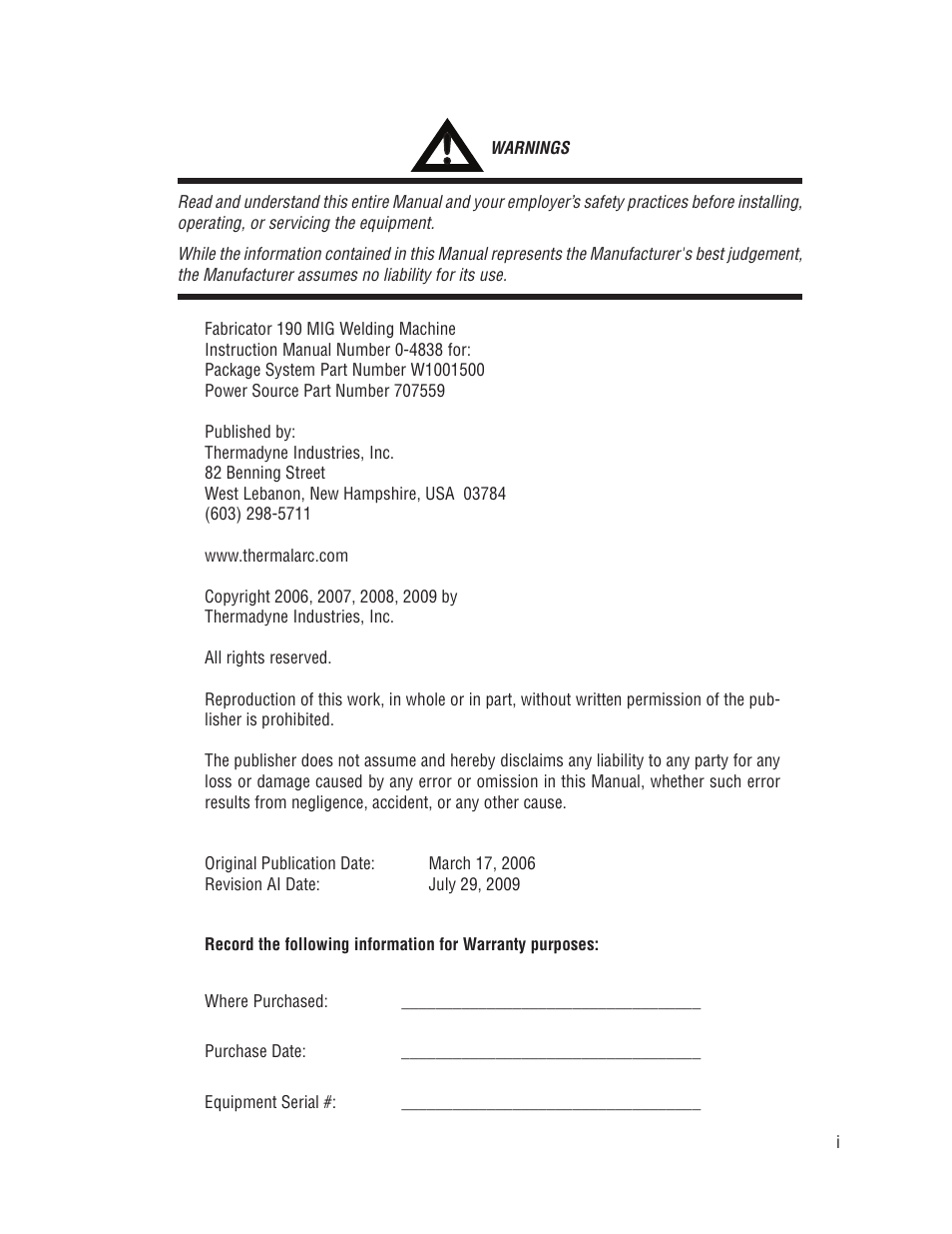 Tweco 190 MIG Thermal Arc Fabricator User Manual | Page 3 / 64