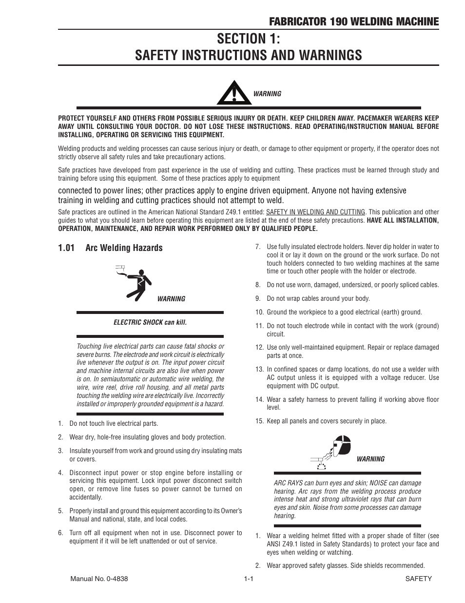 Section 1: safety instructions and warnings, 01 arc welding hazards, Section 1 | Safety instructions and warnings -1, 01 arc welding hazards -1, Fabricator 190 welding machine | Tweco 190 MIG Thermal Arc Fabricator User Manual | Page 7 / 64