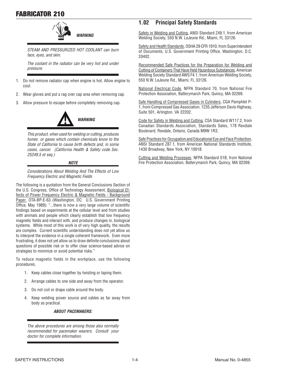 02 principal safety standards, 02 principal safety standards -4, Fabricator 210 | Tweco 210 MIG Thermal Arc Fabricator User Manual | Page 10 / 72