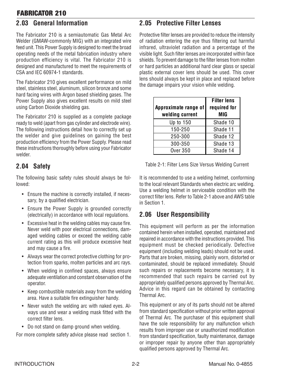 03 general information, 04 safety, 05 protective filter lenses | 06 user responsibility, Fabricator 210 | Tweco 210 MIG Thermal Arc Fabricator User Manual | Page 18 / 72