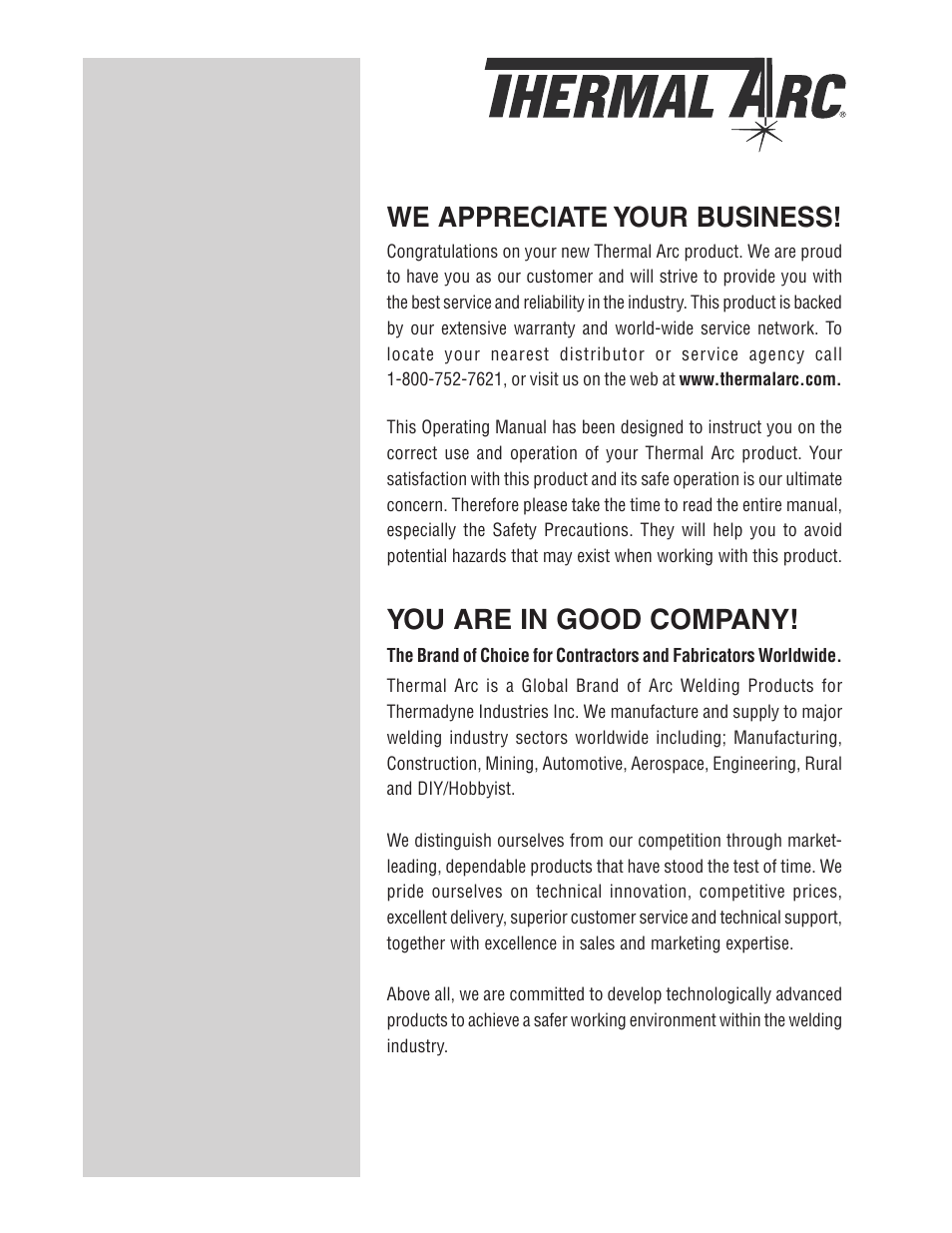 We appreciate your business, You are in good company | Tweco 210 MIG Thermal Arc Fabricator User Manual | Page 2 / 72