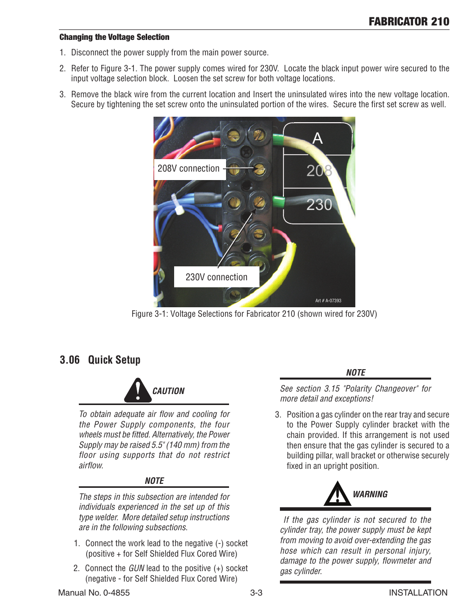 06 quick setup, 06 quick setup -3, Fabricator 210 | Tweco 210 MIG Thermal Arc Fabricator User Manual | Page 25 / 72