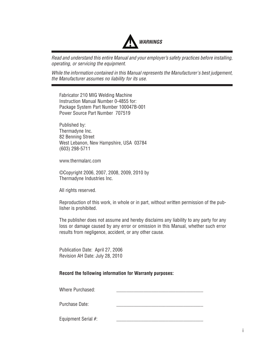 Tweco 210 MIG Thermal Arc Fabricator User Manual | Page 3 / 72