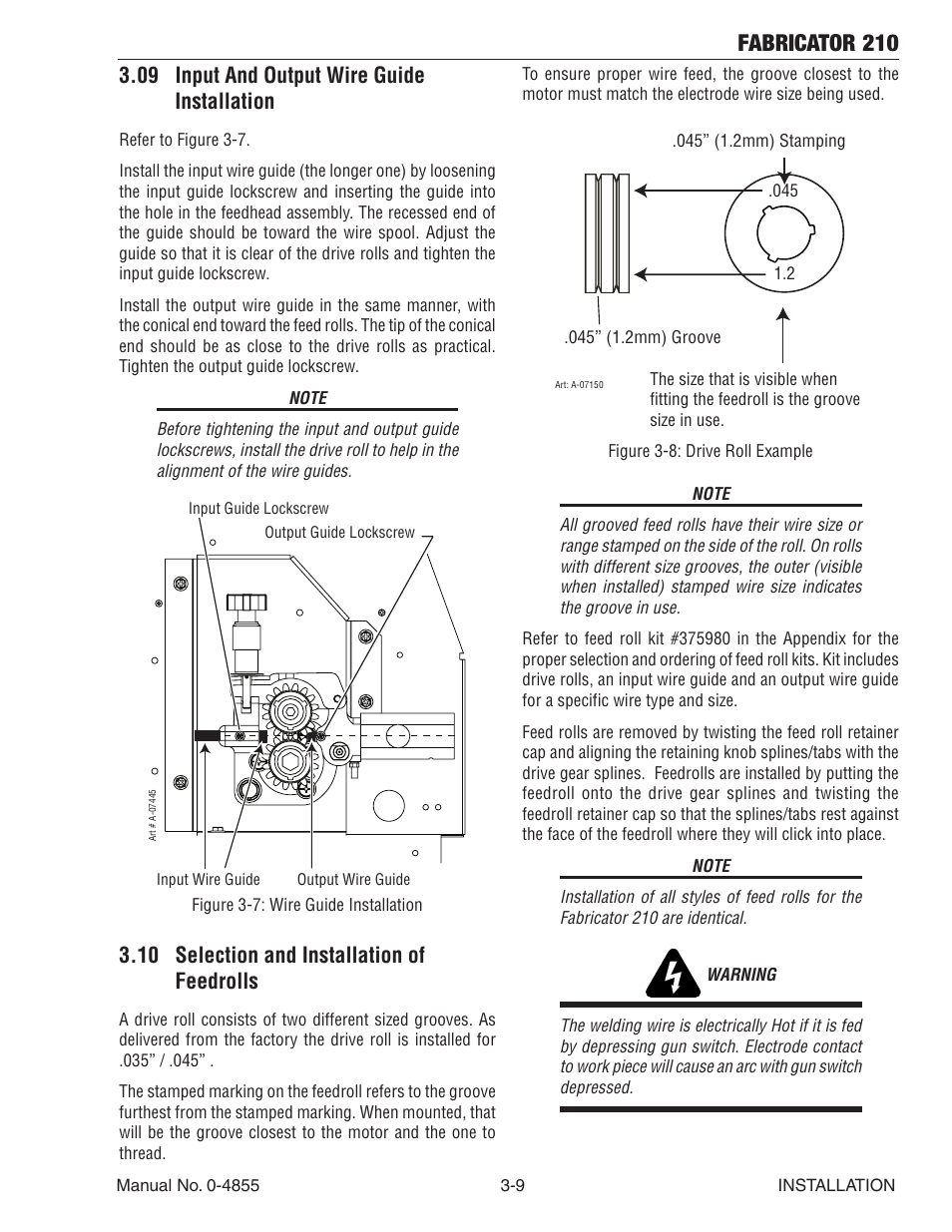 09 input and output wire guide installation, 10 selection and installation of feedrolls, Fabricator 210 | Tweco 210 MIG Thermal Arc Fabricator User Manual | Page 31 / 72
