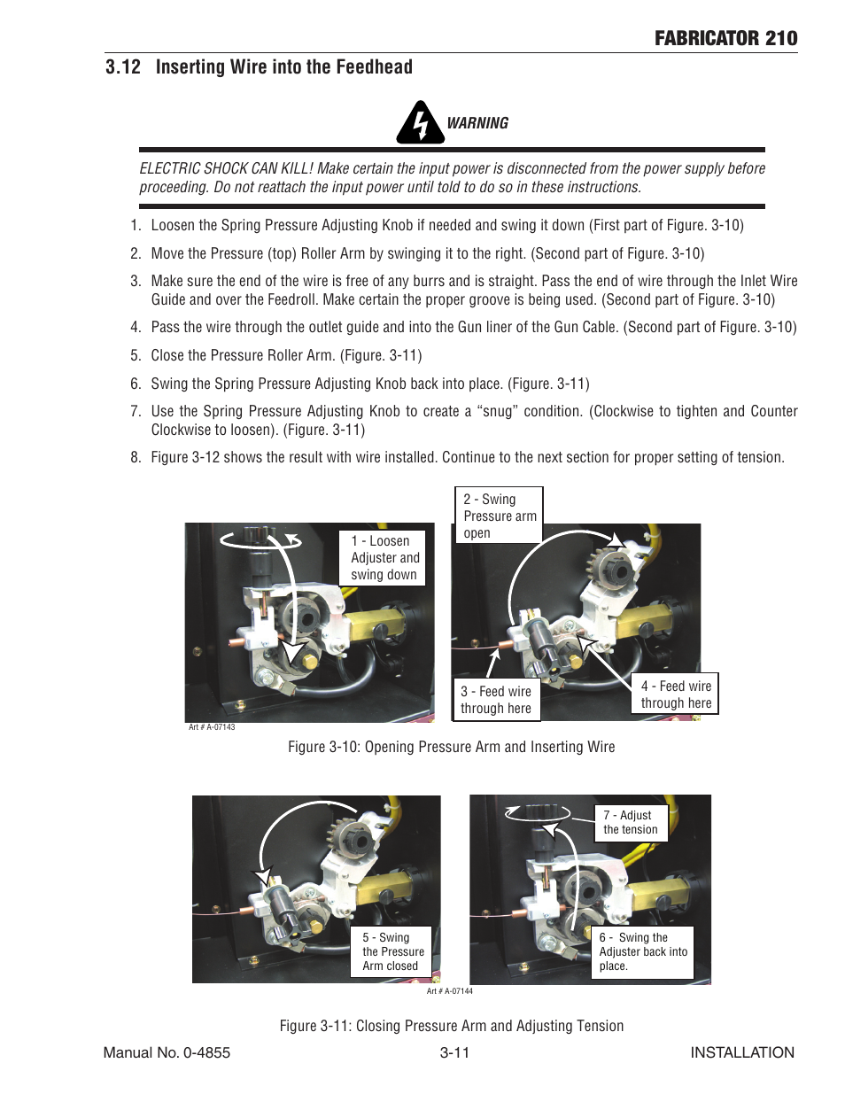 12 inserting wire into the feedhead, 12 inserting wire into the feedhead -11, Fabricator 210 | Tweco 210 MIG Thermal Arc Fabricator User Manual | Page 33 / 72