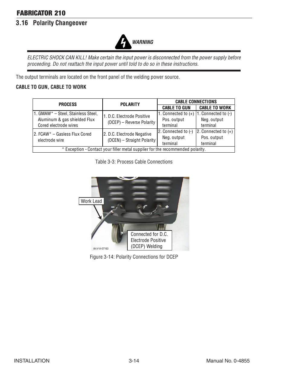 16 polarity changeover, 16 polarity changeover -14, Fabricator 210 | Tweco 210 MIG Thermal Arc Fabricator User Manual | Page 36 / 72