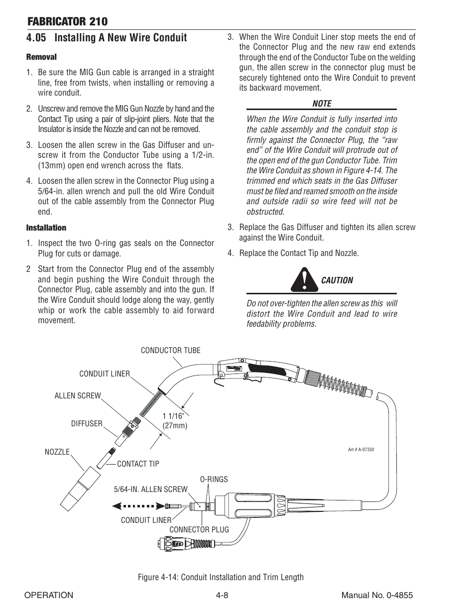 05 installing a new wire conduit, 05 installing a new wire conduit -8, Fabricator 210 | Tweco 210 MIG Thermal Arc Fabricator User Manual | Page 46 / 72