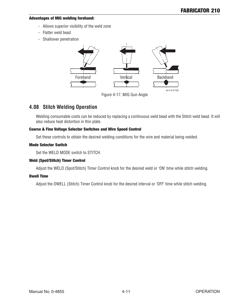 08 stitch welding operation, 08 stitch welding operation -11, Fabricator 210 | Tweco 210 MIG Thermal Arc Fabricator User Manual | Page 49 / 72