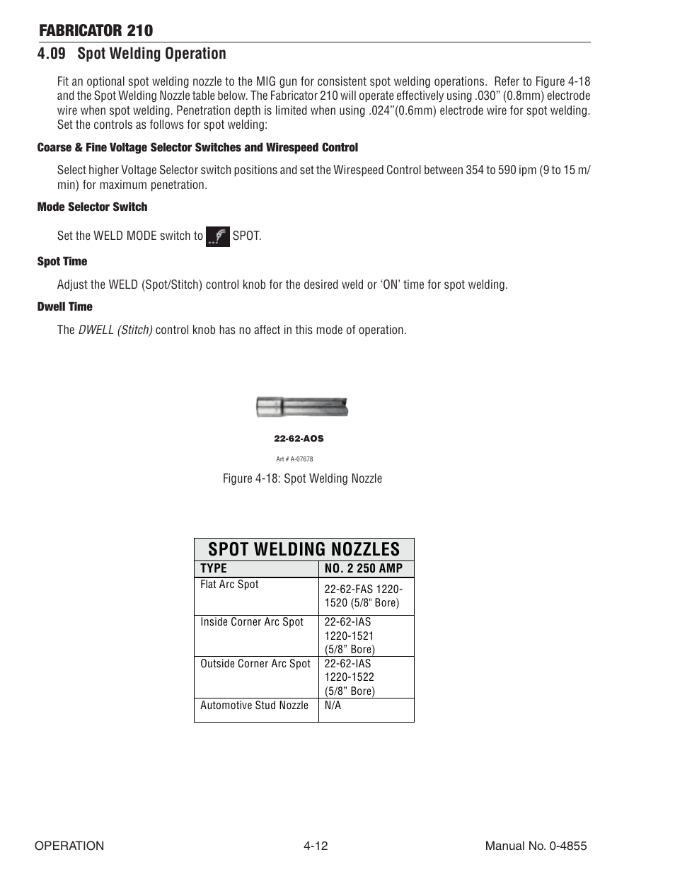 09 spot welding operation, 09 spot welding operation -12, Spot welding nozzles | Fabricator 210 | Tweco 210 MIG Thermal Arc Fabricator User Manual | Page 50 / 72