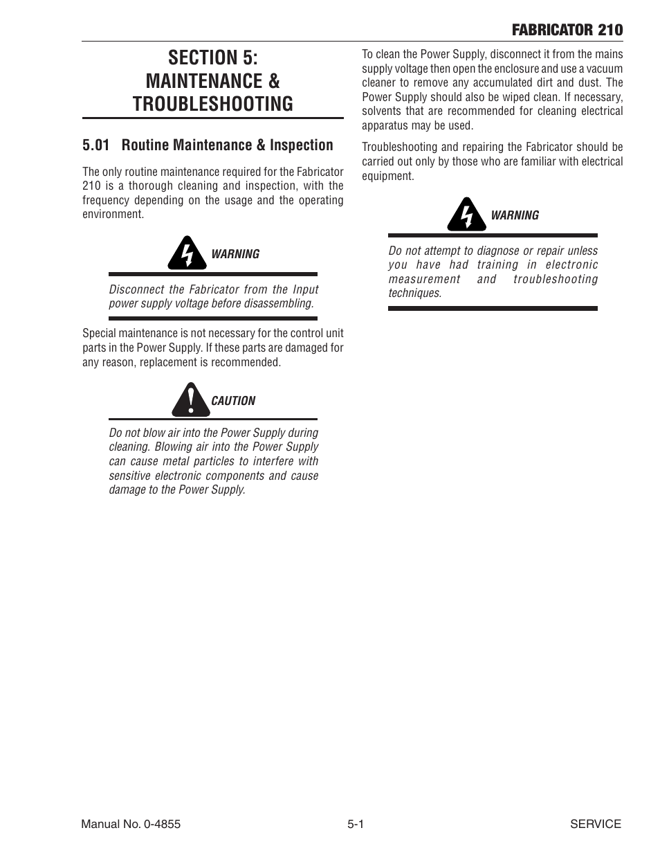 Section 5: maintenance & troubleshooting, 01 routine maintenance & inspection, Section 5 | Maintenance & troubleshooting -1, 01 routine maintenance & inspection -1, Fabricator 210 | Tweco 210 MIG Thermal Arc Fabricator User Manual | Page 55 / 72