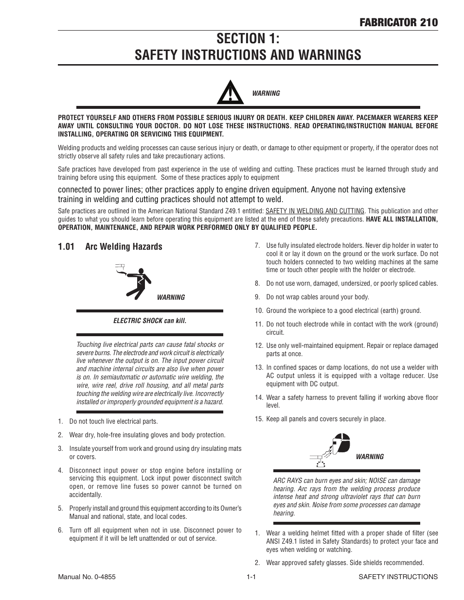 Section 1: safety instructions and warnings, 01 arc welding hazards, Section 1 | Safety instructions and warnings -1, 01 arc welding hazards -1, Fabricator 210 | Tweco 210 MIG Thermal Arc Fabricator User Manual | Page 7 / 72