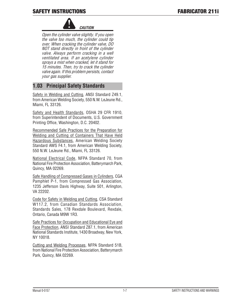 03 principal safety standards, Principal safety standards -7, Safety instructions fabricator 211i | Tweco 211i Thermal Arc Fabricator User Manual | Page 13 / 96