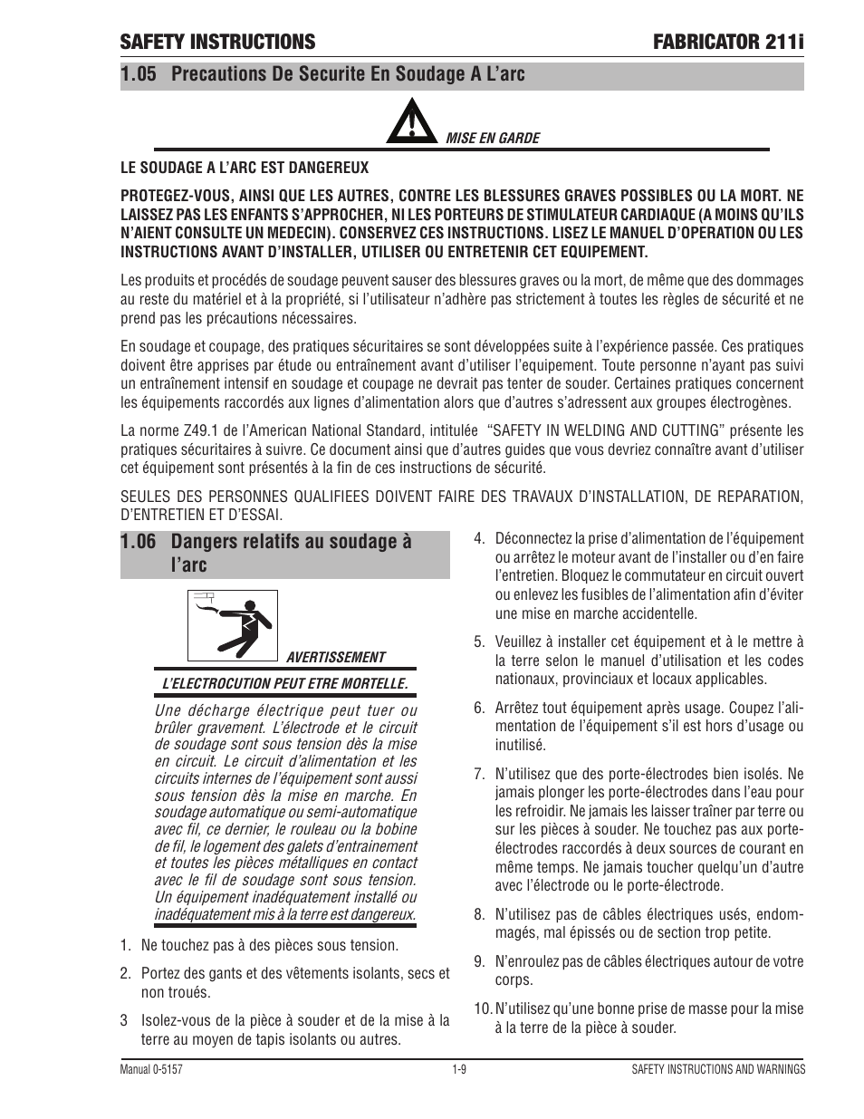 05 precautions de securite en soudage a l’arc, 06 dangers relatifs au soudage à l’arc, Precautions de securite en soudage a l’arc -9 | Dangers relatifs au soudage à l’arc -9, Safety instructions fabricator 211i | Tweco 211i Thermal Arc Fabricator User Manual | Page 15 / 96