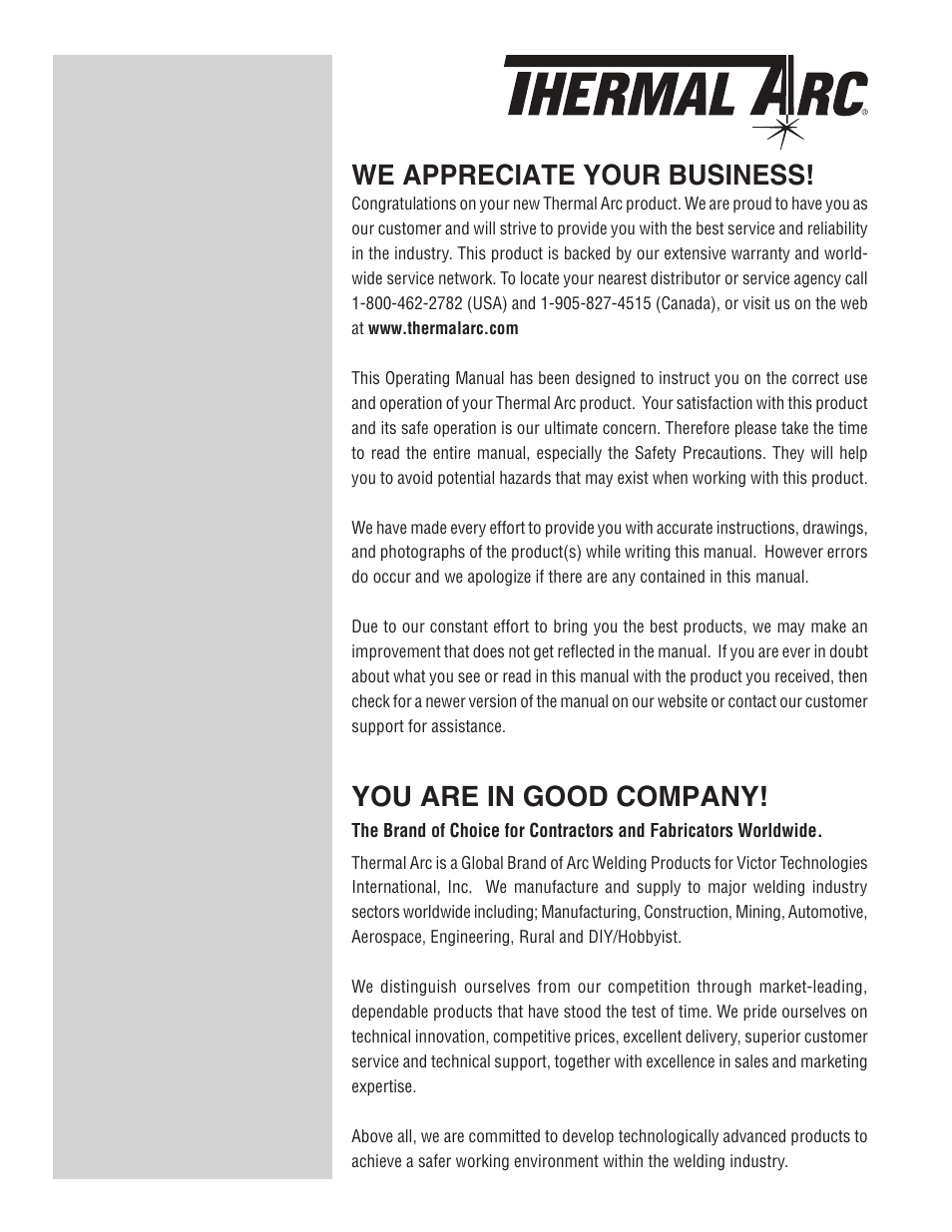 We appreciate your business, You are in good company | Tweco 211i Thermal Arc Fabricator User Manual | Page 2 / 96