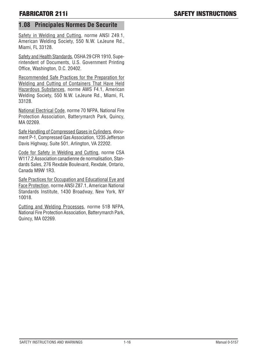 08 principales normes de securite, Principales normes de securite -16, Fabricator 211i safety instructions | Tweco 211i Thermal Arc Fabricator User Manual | Page 22 / 96