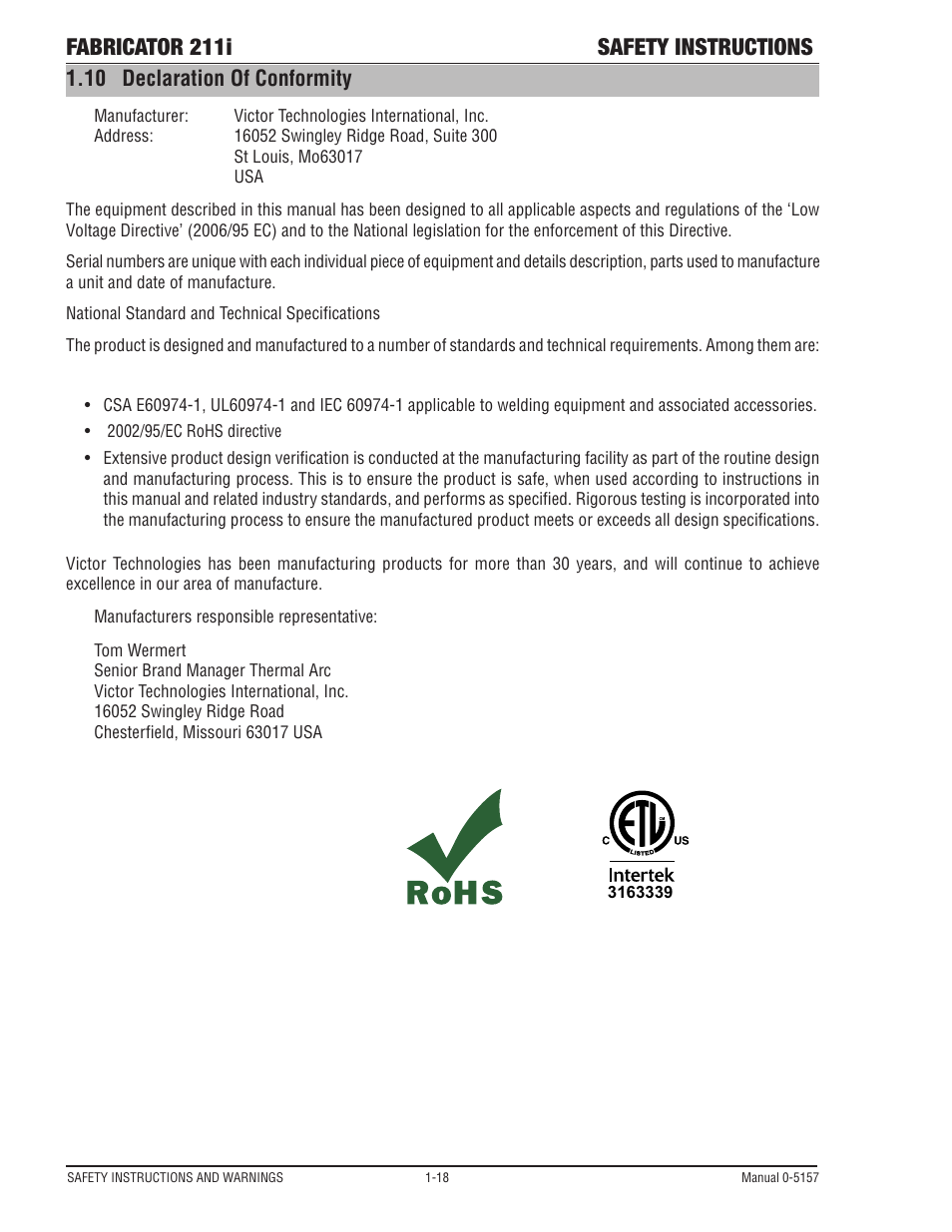10 declaration of conformity, Declaration of conformity -18, Fabricator 211i safety instructions | Tweco 211i Thermal Arc Fabricator User Manual | Page 24 / 96