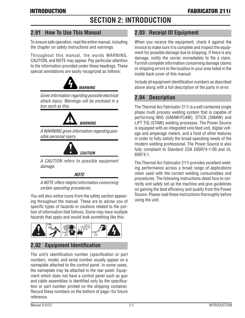 Section 2: introduction, 01 how to use this manual, 02 equipment identification | 03 receipt of equipment, 04 description, Section 2: introduction -1, How to use this manual -1, Equipment identification -1, Receipt of equipment -1, 04 description -1 | Tweco 211i Thermal Arc Fabricator User Manual | Page 25 / 96