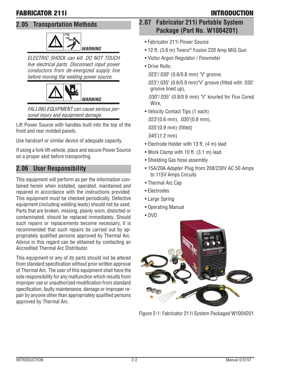 05 transportation methods, 06 user responsibility, Transportation methods -2 | User responsibility -2, Fabricator 211i introduction | Tweco 211i Thermal Arc Fabricator User Manual | Page 26 / 96