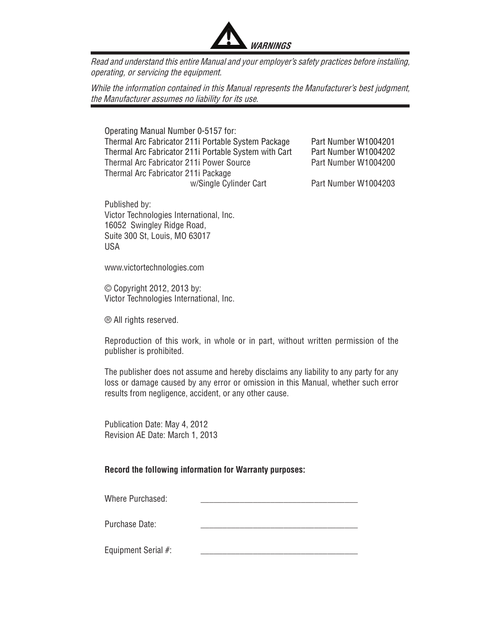Tweco 211i Thermal Arc Fabricator User Manual | Page 3 / 96