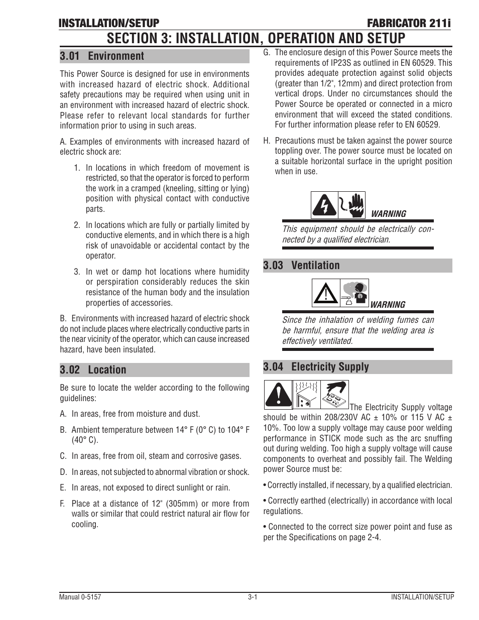 Section 3: installation, operation and setup, 01 environment, 02 location | 03 ventilation, 04 electricity supply, Section 3: installation, operation and setup -1, Electricity supply -1, Installation/setup fabricator 211i | Tweco 211i Thermal Arc Fabricator User Manual | Page 33 / 96