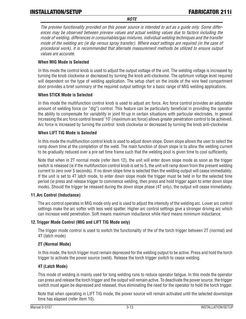 Installation/setup fabricator 211i | Tweco 211i Thermal Arc Fabricator User Manual | Page 45 / 96