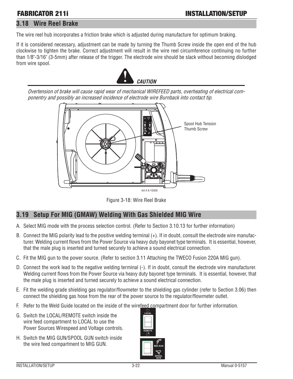 18 wire reel brake, Wire reel brake -22, Fabricator 211i installation/setup | Tweco 211i Thermal Arc Fabricator User Manual | Page 54 / 96