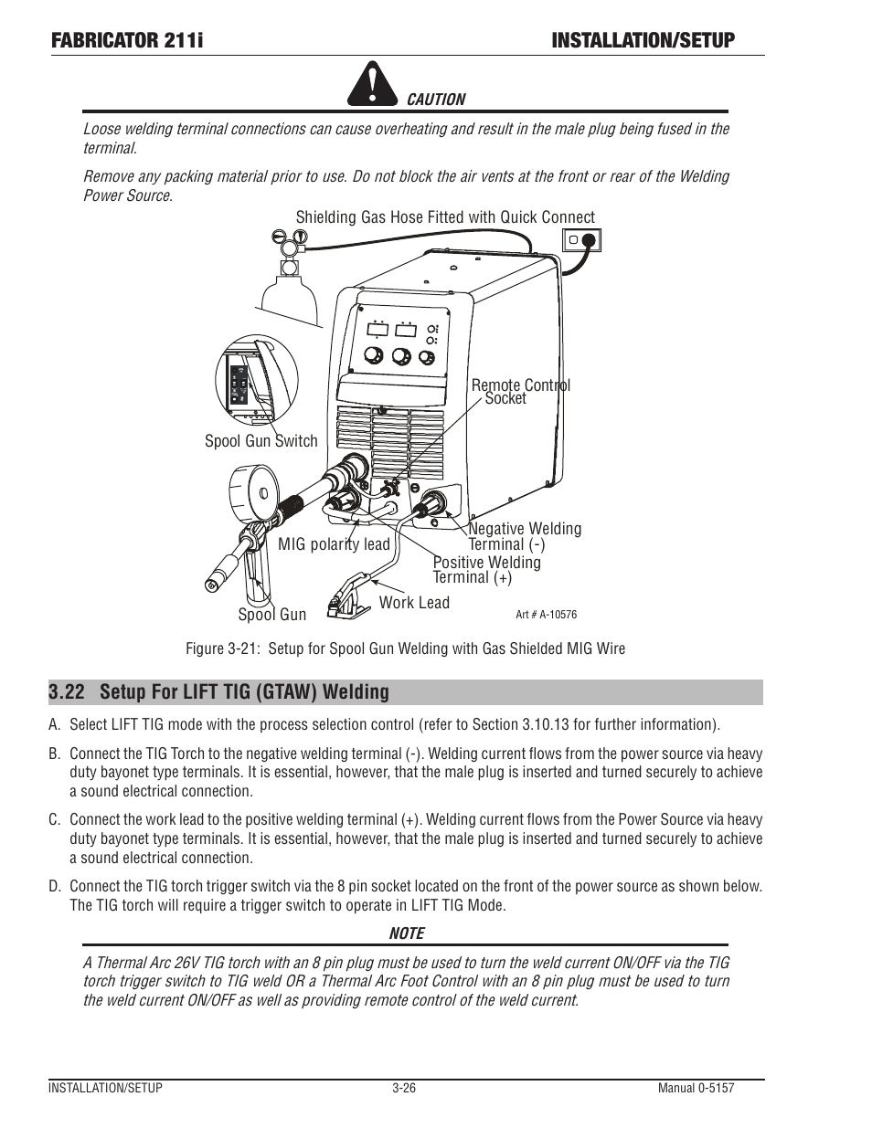 22 setup for lift tig (gtaw) welding, Setup for lift tig (gtaw) welding -26, Fabricator 211i installation/setup | Tweco 211i Thermal Arc Fabricator User Manual | Page 58 / 96