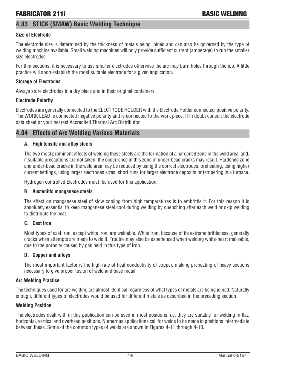 03 stick (smaw) basic welding technique, 04 effects of arc welding various materials, Stick (smaw) basic welding technique -8 | Effects of arc welding various materials -8, Fabricator 211i basic welding | Tweco 211i Thermal Arc Fabricator User Manual | Page 68 / 96