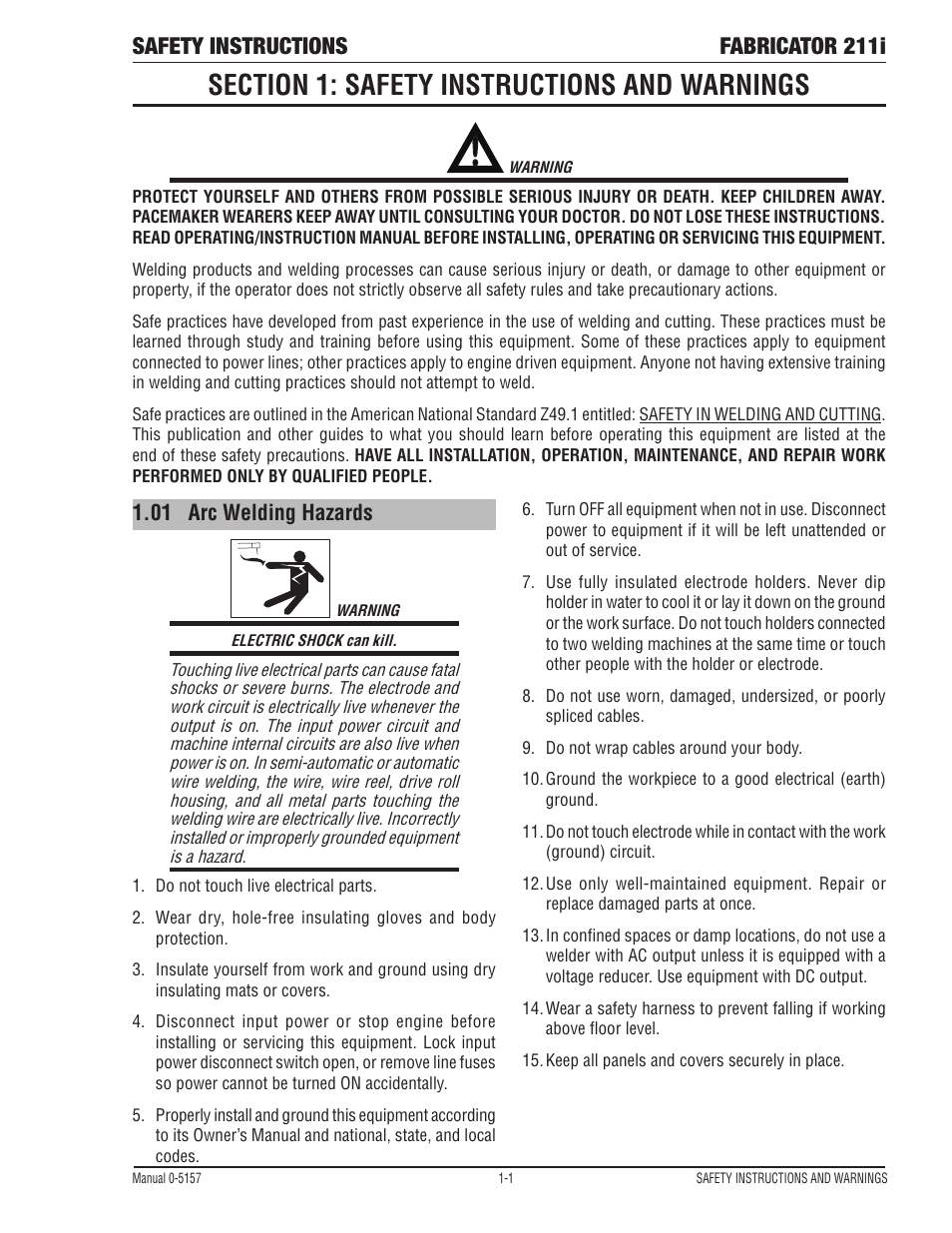 Section 1: safety instructions and warnings, 01 arc welding hazards, Section 1: safety instructions and warnings -1 | Arc welding hazards -1, Safety instructions fabricator 211i | Tweco 211i Thermal Arc Fabricator User Manual | Page 7 / 96