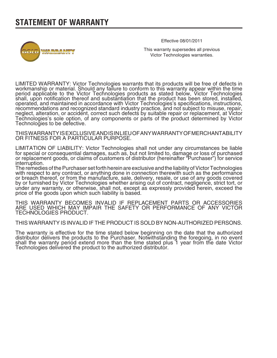 Statement of warranty | Tweco 211i Thermal Arc Fabricator User Manual | Page 94 / 96