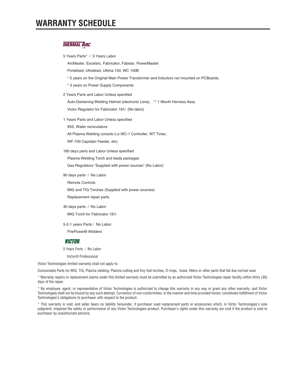 Warranty schedule | Tweco 211i Thermal Arc Fabricator User Manual | Page 95 / 96
