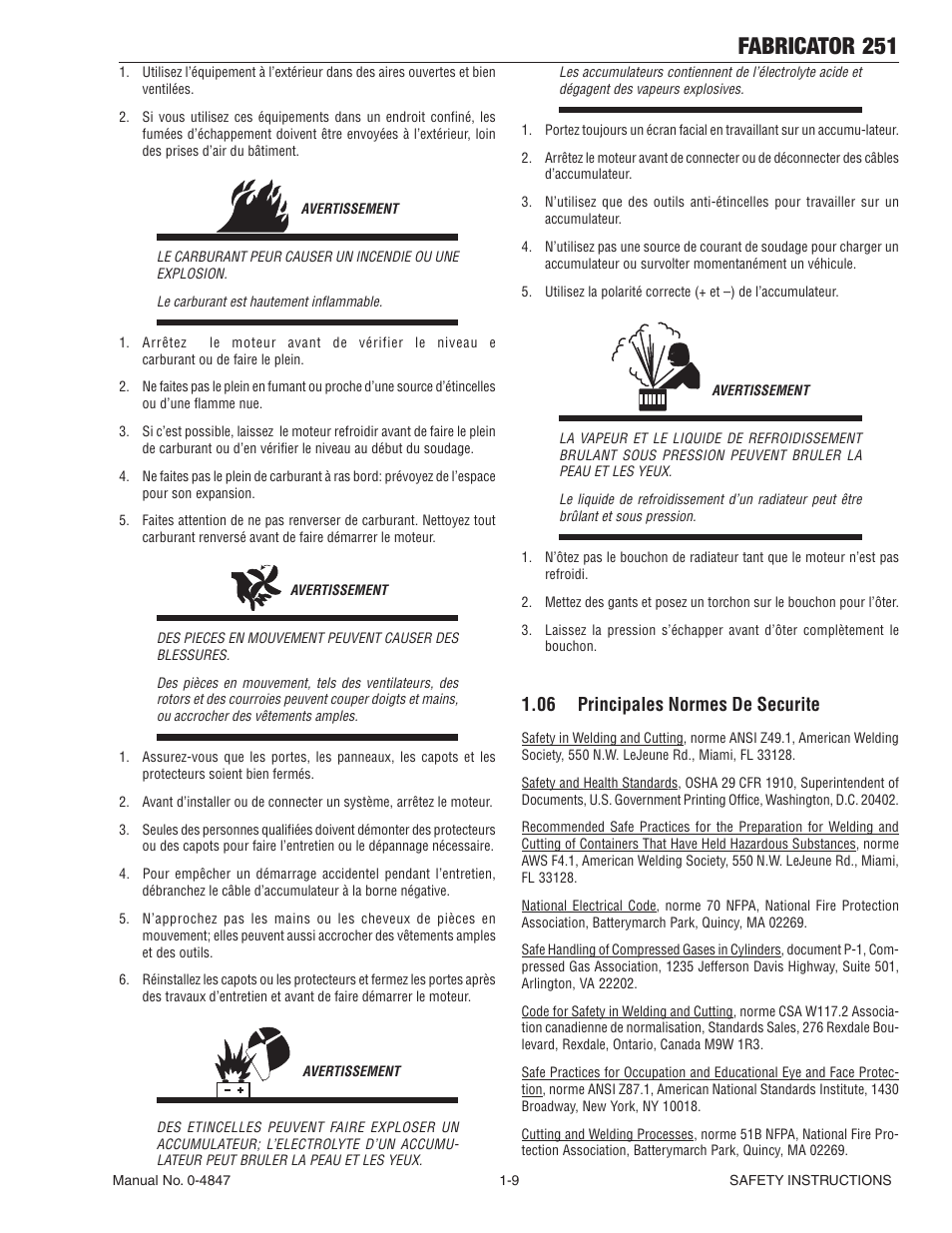 06 principales normes de securite, 06 principales normes de securite -9, Fabricator 251 | Tweco 251 Thermal Arc Fabricator User Manual | Page 15 / 72