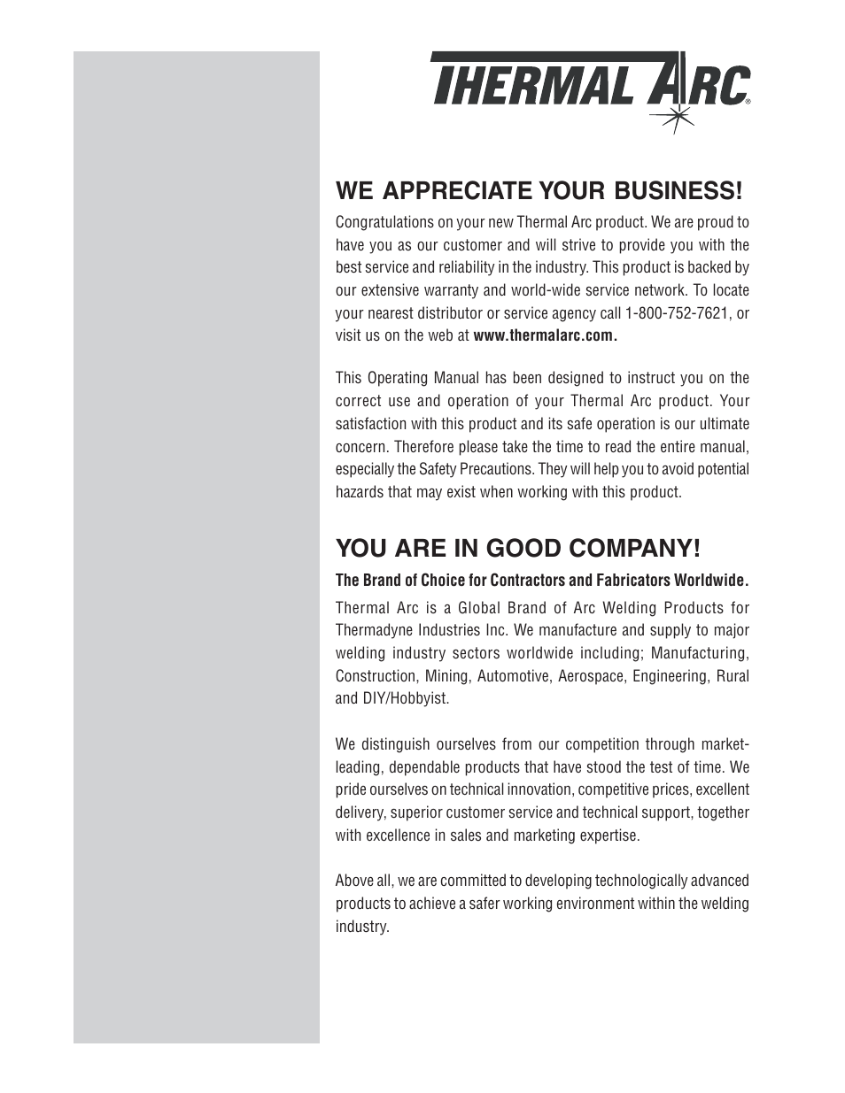 We appreciate your business, You are in good company | Tweco 251 Thermal Arc Fabricator User Manual | Page 2 / 72