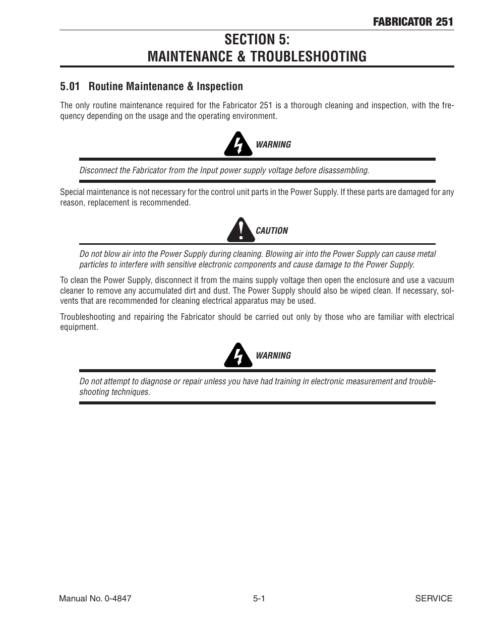 Section 5: maintenance & troubleshooting, 01 routine maintenance & inspection, Section 5 | Maintenance & troubleshooting -1, 01 routine maintenance & inspection -1, Fabricator 251 | Tweco 251 Thermal Arc Fabricator User Manual | Page 57 / 72