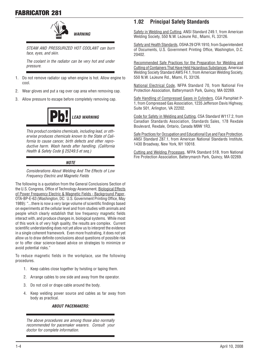 02 principal safety standards, 02 principal safety standards -4, Fabricator 281 | Tweco 281 Thermal Arc Fabricator User Manual | Page 10 / 76