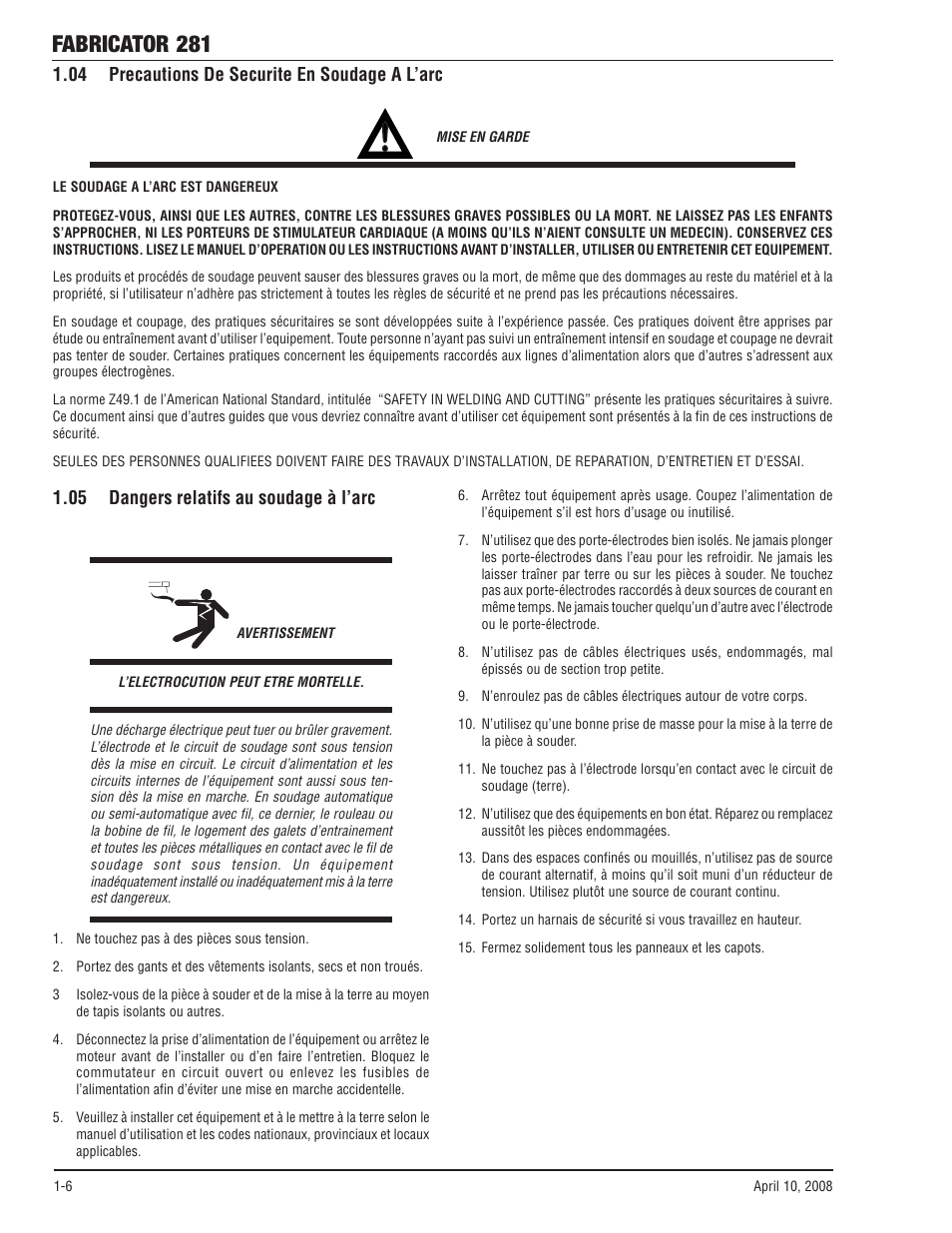 04 precautions de securite en soudage à l'arc, 05 dangers relatifs au soudage à l'arc, Fabricator 281 | Tweco 281 Thermal Arc Fabricator User Manual | Page 12 / 76