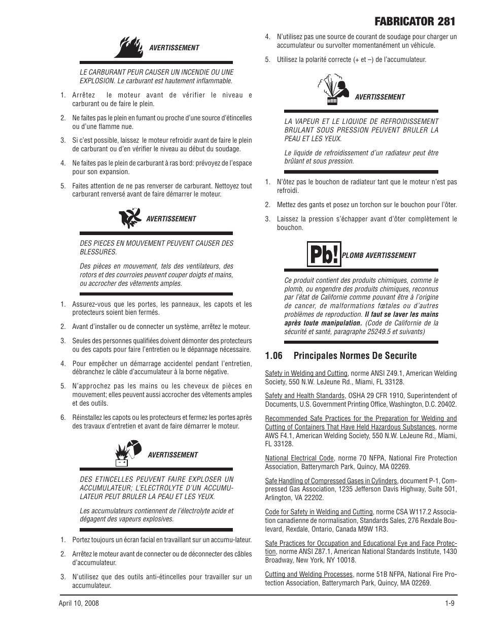 06 principales normes de securite, 06 principales normes de securite -9, Fabricator 281 | Tweco 281 Thermal Arc Fabricator User Manual | Page 15 / 76
