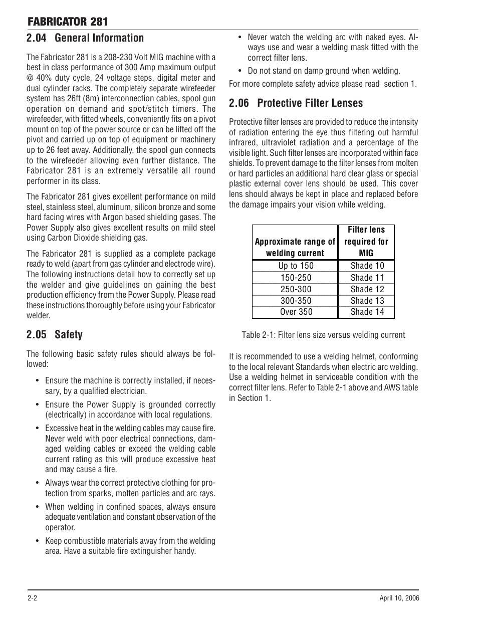 04 general information, 05 safety, 06 protective filter lenses | Fabricator 281 | Tweco 281 Thermal Arc Fabricator User Manual | Page 18 / 76