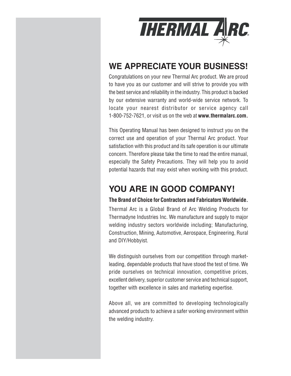 We appreciate your business, You are in good company | Tweco 281 Thermal Arc Fabricator User Manual | Page 2 / 76
