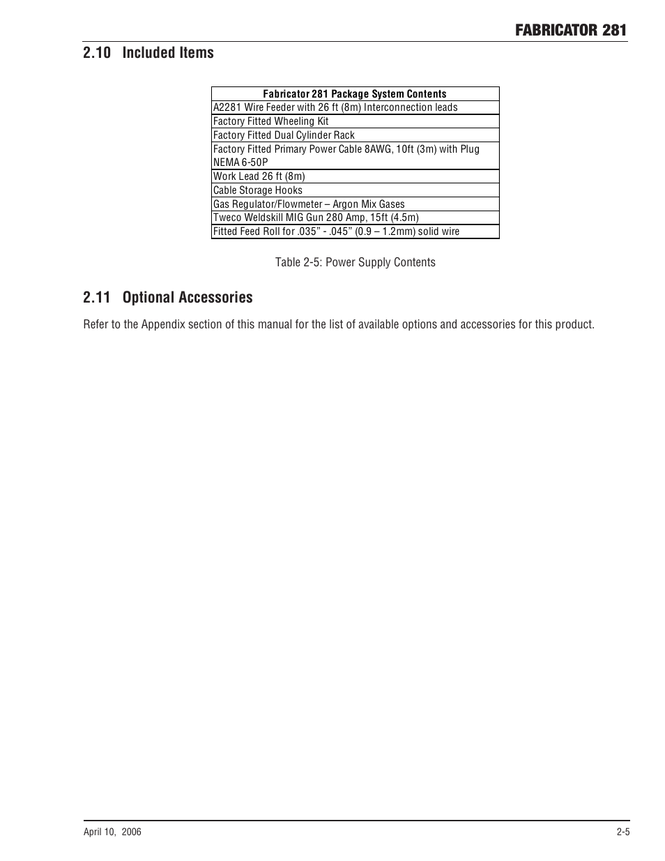 10 included items, 11 optional accessories, 10 included items -5 2.11 optional accessories -5 | Fabricator 281 | Tweco 281 Thermal Arc Fabricator User Manual | Page 21 / 76