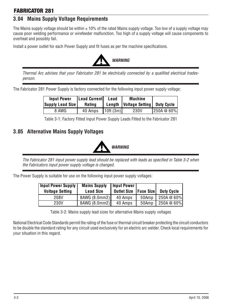 04 mains supply voltage requirements, 05 alternative mains supply voltages, Fabricator 281 | Tweco 281 Thermal Arc Fabricator User Manual | Page 24 / 76