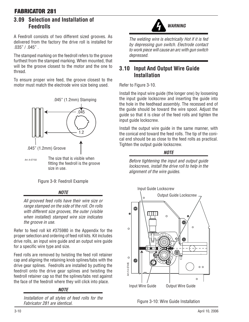 09 selection and installation of feedrolls, 10 input and output wire guide installation, Fabricator 281 | Tweco 281 Thermal Arc Fabricator User Manual | Page 32 / 76